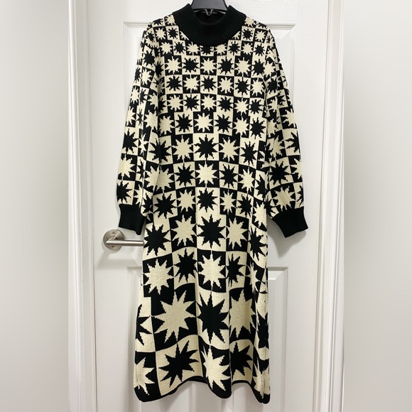 FARM Rio Black and Cream Mock-Neck A-Line Midi Sweater Dress - Picture 3 of 8